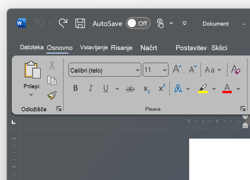 Posnetek zaslona zgornjega levega kota teme Word v temno sivi barvi.
