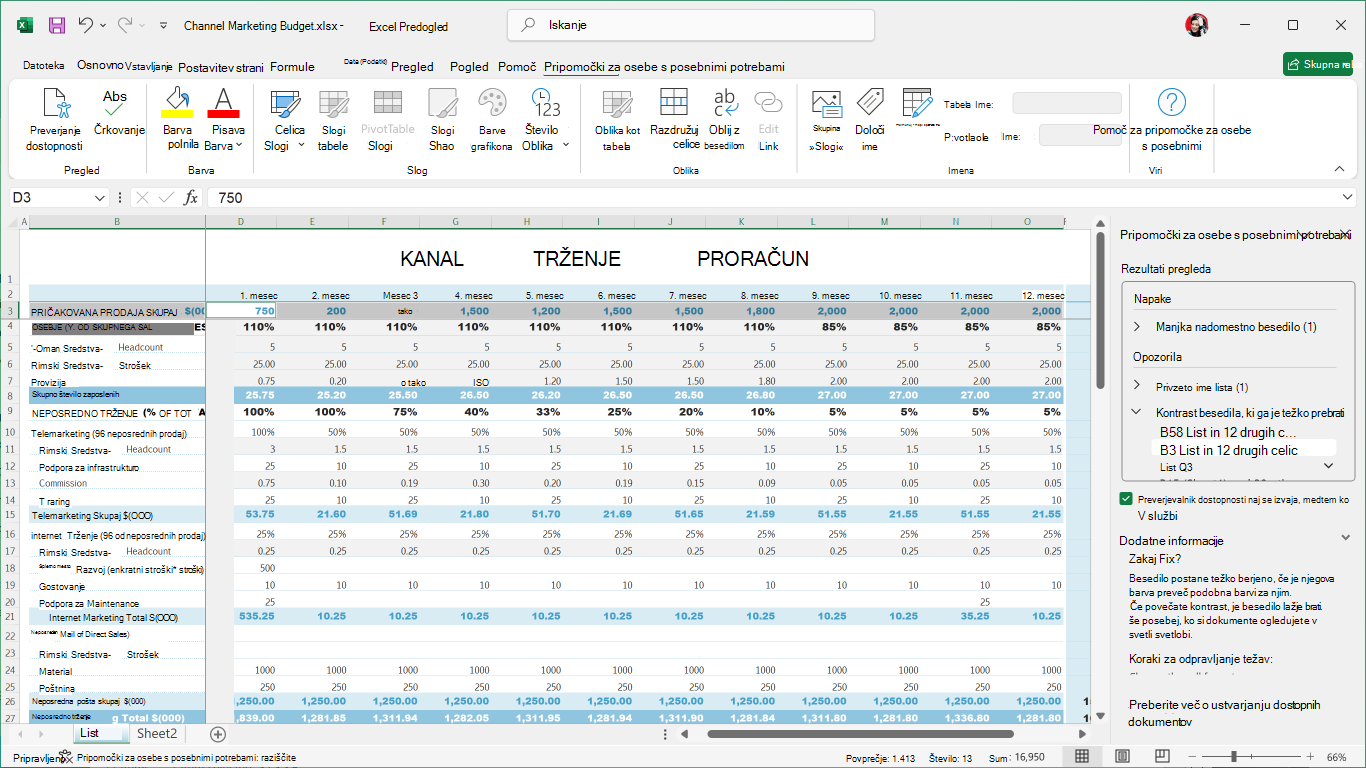 Trak za pripomočke za osebe s posebnimi potrebami v aplikaciji Excel