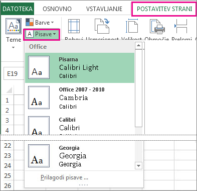 Galerija »Pisave« na zavihku »Postavitev strani«