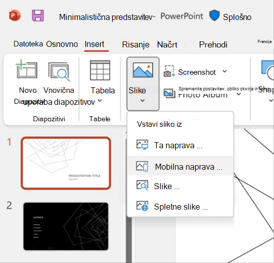 Posnetek zaslona vstavljanja slike iz funkcije prenosne naprave v aplikaciji PowerPoint.
