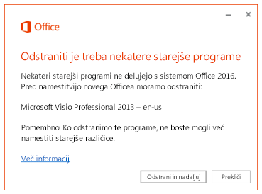 Sporočilo o napaki s pozivom, da odstranite starejše programe