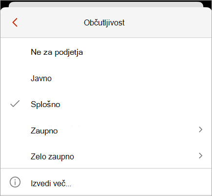 Posnetek zaslona menija občutljivosti, ki prikazuje razpoložljive oznake občutljivosti.