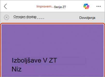 Posnetek zaslona poslovne vrstice s sporočilom o omejenem dostopu in gumbom »Dovoljenja«.