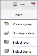 Meni za vstavljanje tabele v napravi iPad