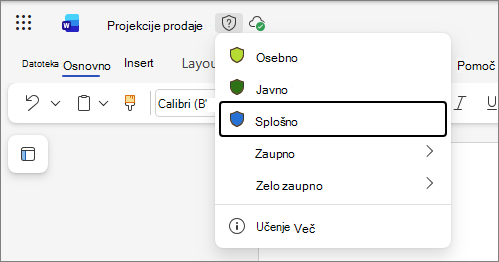 Spustni seznam oznak občutljivosti v Office za splet z uporabo Word dokumenta kot primera in standardnih imen oznak