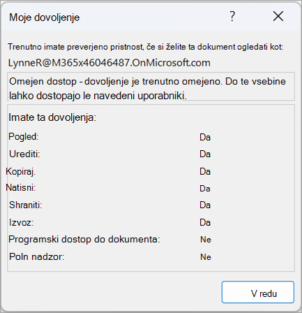 Posnetek zaslona pogovornega okna, ki prikazuje uporabniška dovoljenja
