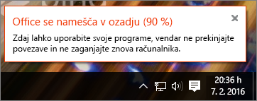 Pogovorno okno, v katerem je prikazano, da se namestitev sistema Office preneha odzivati pri 90 %