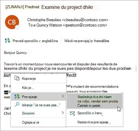Kontekstni meni za prevajanje