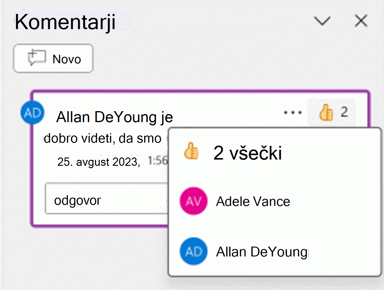 Posnetek zaslona odziva na komentar s palcem navzgor