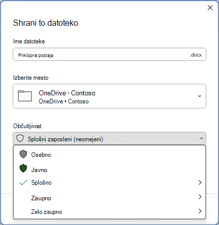 Posnetek zaslona pogovornega okna »Shrani« z razširjeno vrstico občutljivosti, ki prikazuje možnosti oznake občutljivosti.