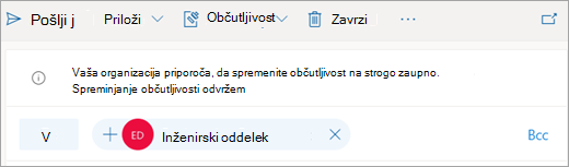 Posnetek zaslona namiga o priporočeni oznaki občutljivosti