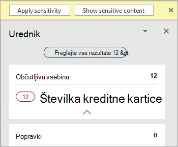 Posnetek zaslona občutljive vsebine v podoknu urejevalnika