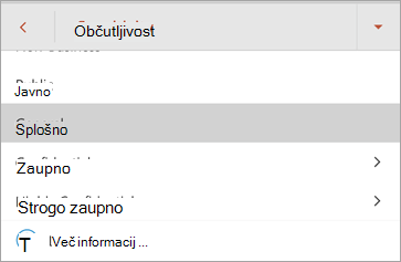 Posnetek zaslona oznak občutljivosti v Officeu za Android