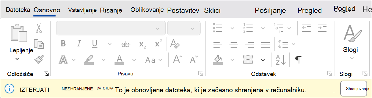 Posnetek zaslona obnovitve seje v Wordu, ki navaja »Obnovi neshranjeno datoteko«: to je obnovljena datoteka, ki je začasno shranjena v računalniku. Zraven je gumb za shranjevanje.