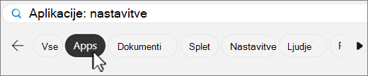 Posnetek zaslona zavihkov filtra storitve Windows Search.