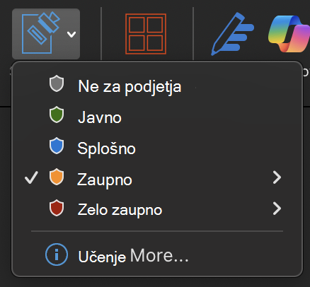 Razširjen meni občutljivosti, ki prikazuje možnosti oznake občutljivosti