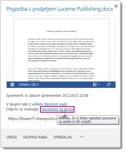 Pogovorno okno »Lastnosti«, ki prikazuje, da je dokument v skupni rabi s povezavo za gosta.