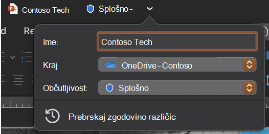 Razširjeni spustni meni naslovne vrstice, ki prikazuje ime datoteke, mesto in občutljivost.