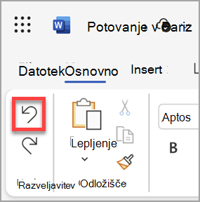 Gumb Razveljavi v programu Microsoft Word za splet.