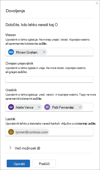 Posnetek zaslona pogovornega okna z naslovom Dovoljenja z možnostmi za dodajanje uporabnikov kot gledalcev, omejenih urejevalcev, urednikov in lastnikov.