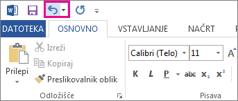 Ukaz »Razveljavi« v orodni vrstici za hitri dostop