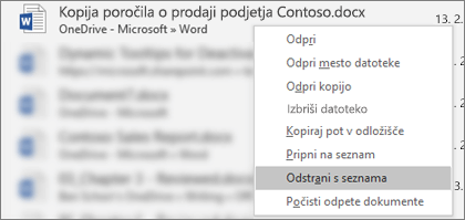 Priročni meni, ki se prikaže, ko z desno tipko miške kliknete datoteko na seznamu nedavnih datotek