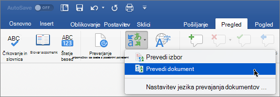 Zavihek »Pregled« z označeno možnostjo »Prevedi dokument«