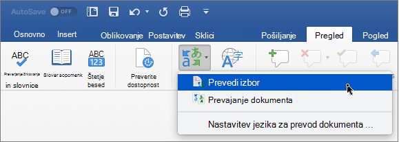 Zavihek »Pregled« z označeno možnostjo »Prevedi izbor«