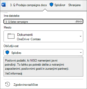 Vrstica občutljivosti na vrhu dokumenta