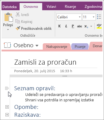 Posnetek zaslona strnitve orisa v programu OneNote 2016.