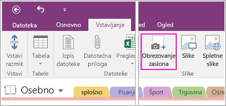 Posnetek zaslona gumba »Vstavi izrezek zaslona« v programu OneNote 2016