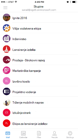 Prikazuje zaslon »Skupine« s seznamom skupin, kot sta Ingite 2016 in Senior Leadership Team.