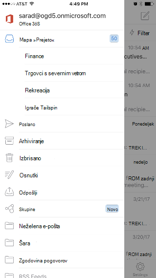 Prikaže program Outlook z mapo »Prejeto« na vrhu seznama in možnostjo »Skupine« nižje na seznamu.