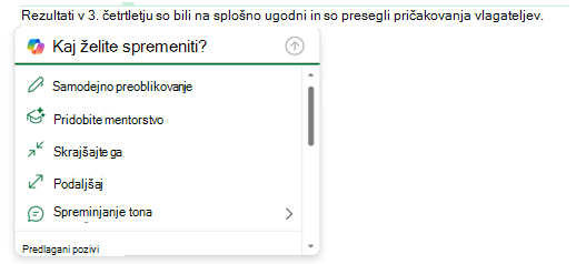 Izbrano je nekaj besedila v e-poštnem sporočilu, meni Copilot pa se razširi tako, da prikaže možnosti, kaj lahko naredite s tem besedilom.