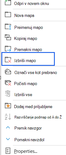 Posnetek zaslona možnosti »Izbriši mapo«, ki je izbrana v podoknu za krmarjenje.
