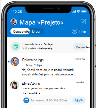 Prikaže mapo »Prejeto« na zaslonu mobilnega telefona. Opozorilo na vrhu pravi, da je sestanek čez 12 minut.