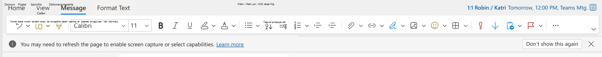 Informacijska vrstica za Outlook za splet, ko zajem zaslona ni na voljo