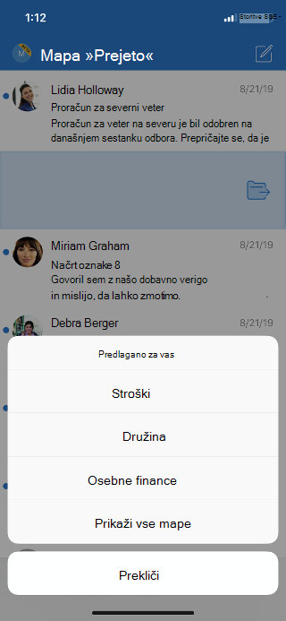 Prikaže mapo »Prejeto« s seznamom možnosti map in možnostjo za ogled vseh map.