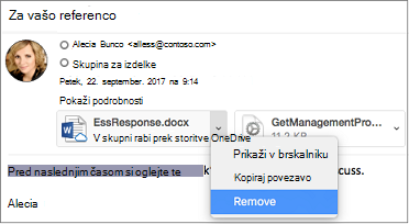 Izberite puščico dol in odstranite, da odstranite prilogo