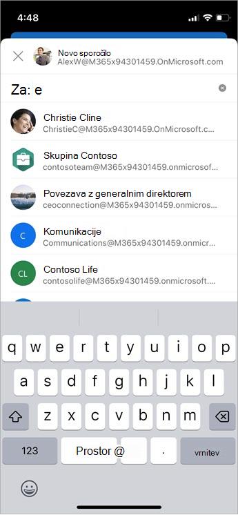 Upravljanje predlaganih prejemnikov v poljih »Za«, »Kp« in »Skp« s funkcijo samodokončanja posnetek zaslona za prenosne naprave