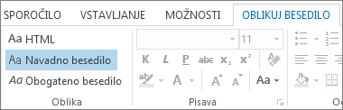 Možnosti oblike zapisa sporočila na zavihku »Oblikuj besedilo«