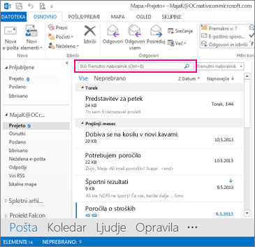 Polje takojšnjega iskanja nad sporočili