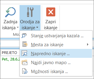 Napredno iskanje v razdelku z orodji za iskanje