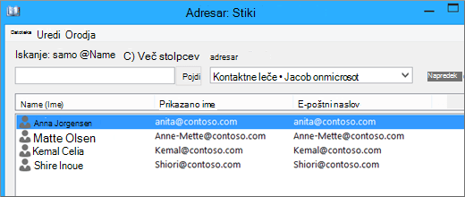 Ko so vaši stiki uvoženi iz storitve Google Gmail v storitev Office 365, bodo prikazani v adresarju: Stiki