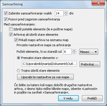 AutoArchive settings dialog box