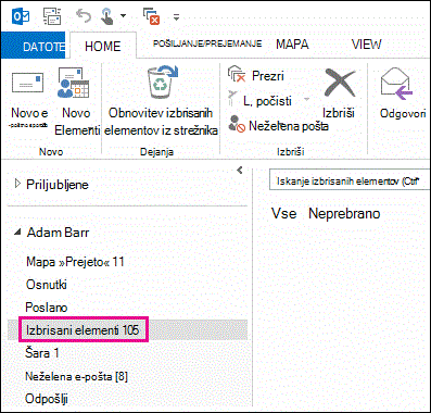 Na seznamu map kliknite  »Izbrisano«