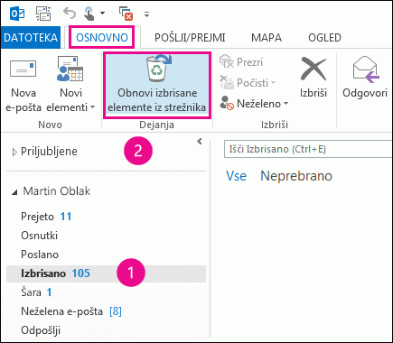 Izberite mapo »Izbrisano« in kliknite »Obnovi elemente iz strežnika«