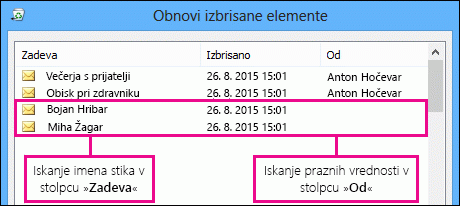 Razvrščanje po stolpcu »Zadeva« ali »Od« za iskanje stikov