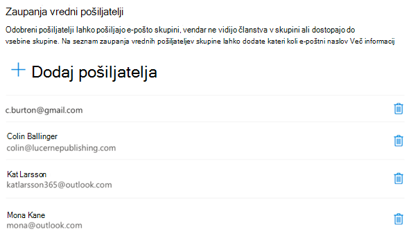 Pošiljatelje lahko dodate ali odstranite kadar koli.