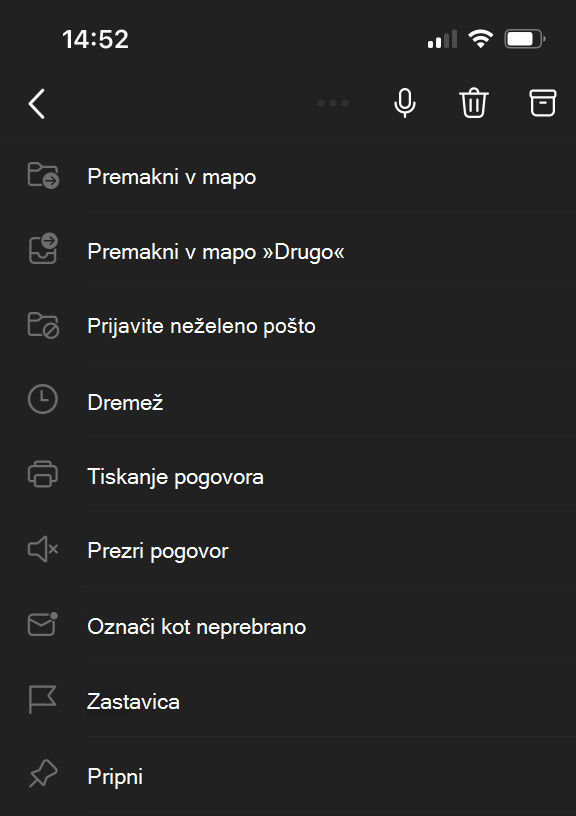 Meni treh pik na vrhu zaslona za Outlook Mobile